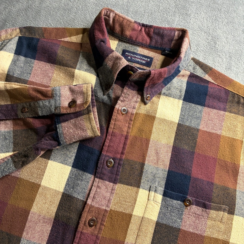 Roundtree & Yorke Men's Plaid Flannel Button Down Shirt‎ XL Long Sleeve Cotton